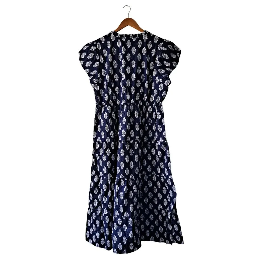 NWT J. Crew Factory Willa Dress Leaf Print Puff Sleeve Tiered Midi Navy Size 18 - Picture 3 of 13